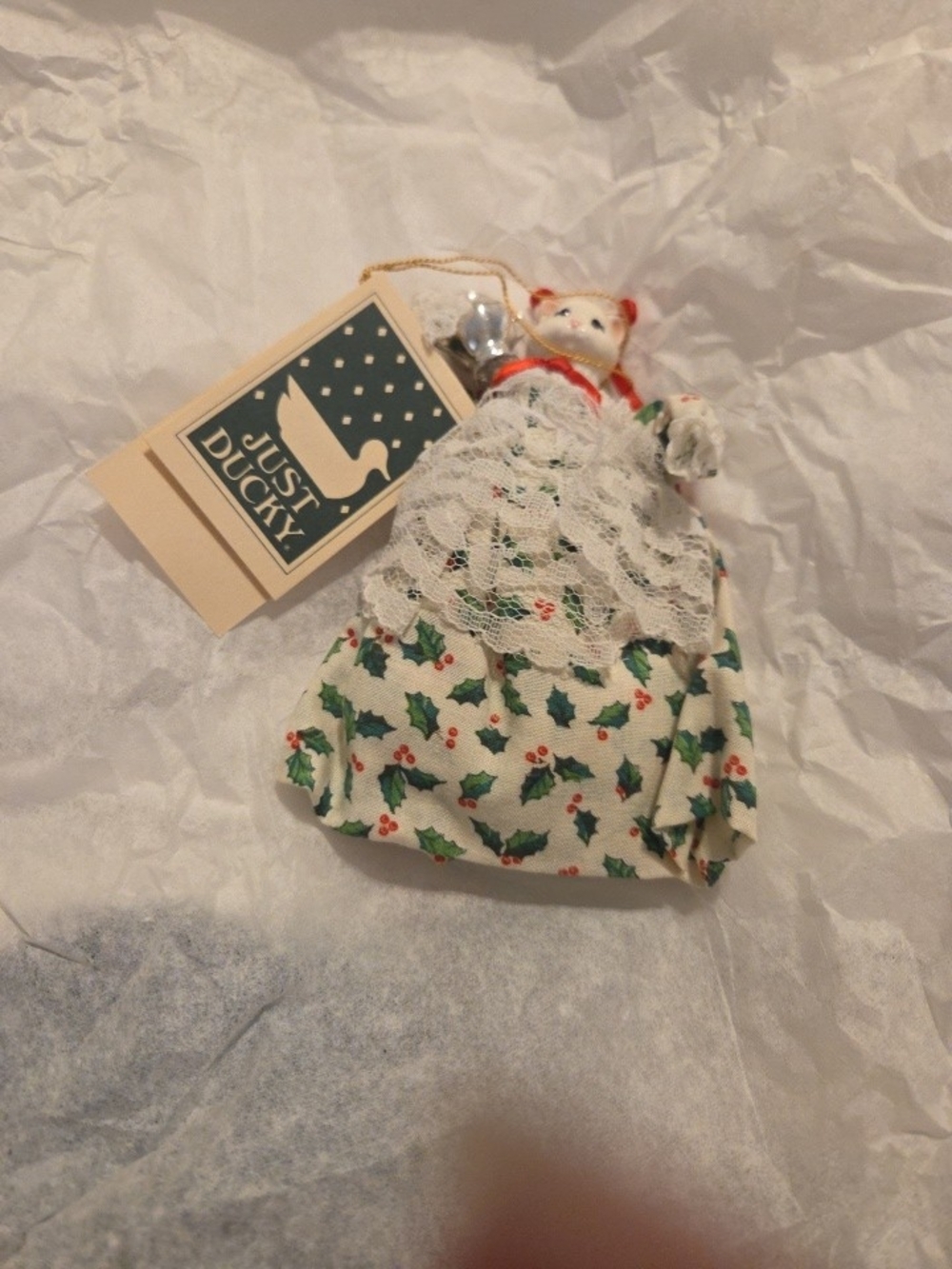 Holiday Holly Cat Ornament - White Lace & Green Holly Print